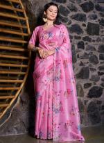 Organza Pink Party Wear Hand Work Saree